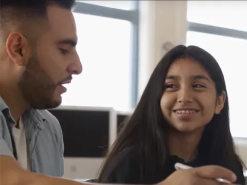 UCSF PITCH program mentor Emmanuel Padilla working with SFUSD high school student Sharon Padilla