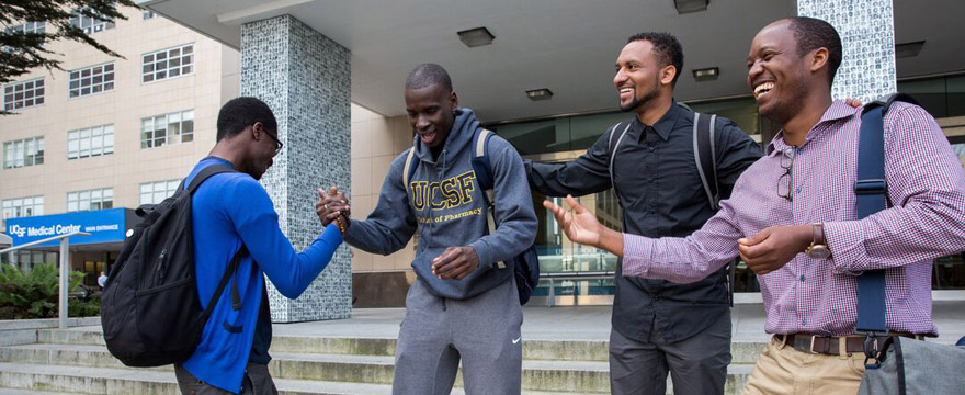 Black male students gather outside the Medical Sciences Bulding, Parnassus Campus.